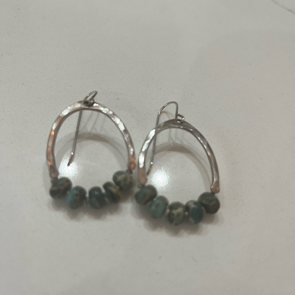 Silver Hoop Earrings with Turquoise Beads